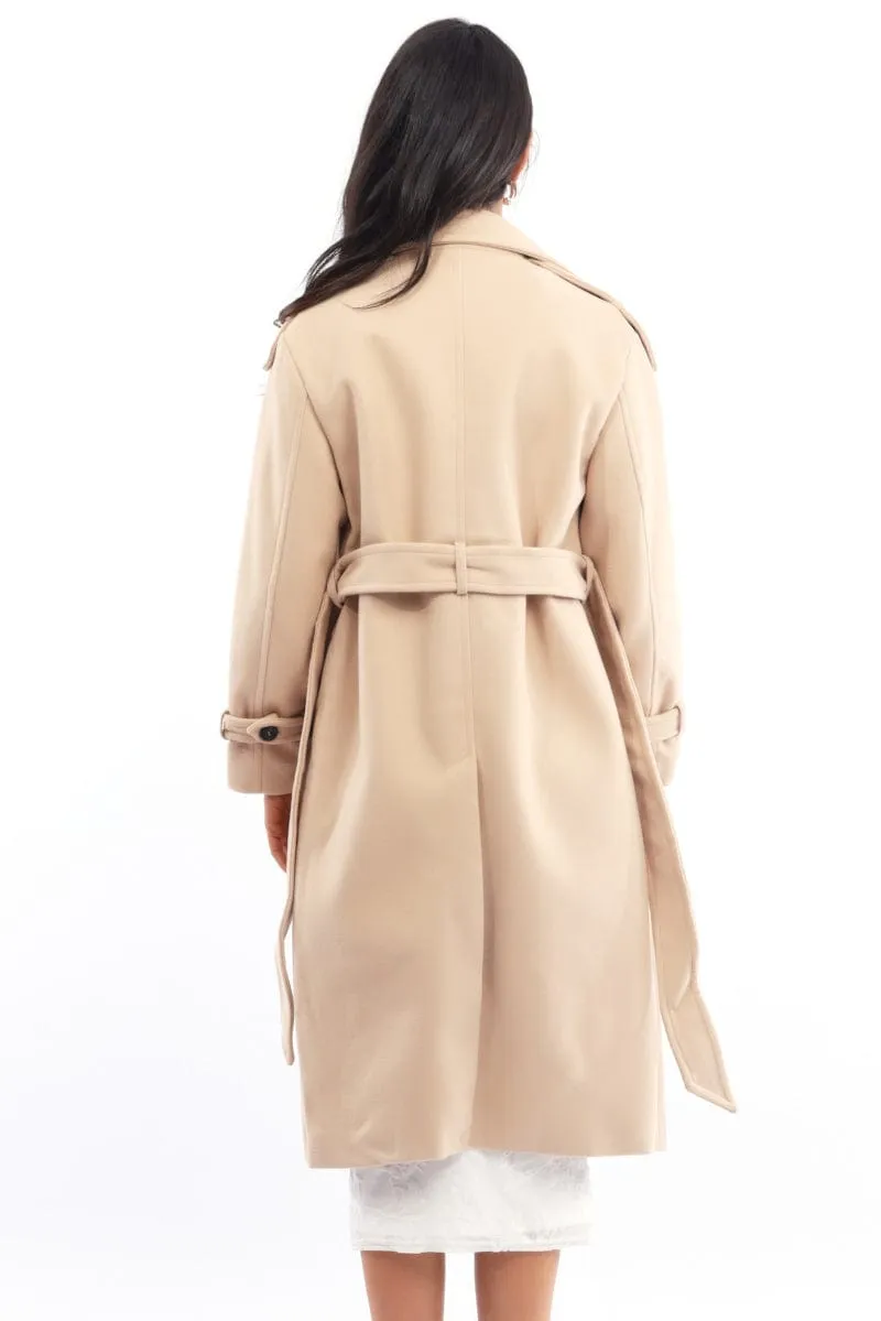 Beige Coat Long Sleeve Belted
