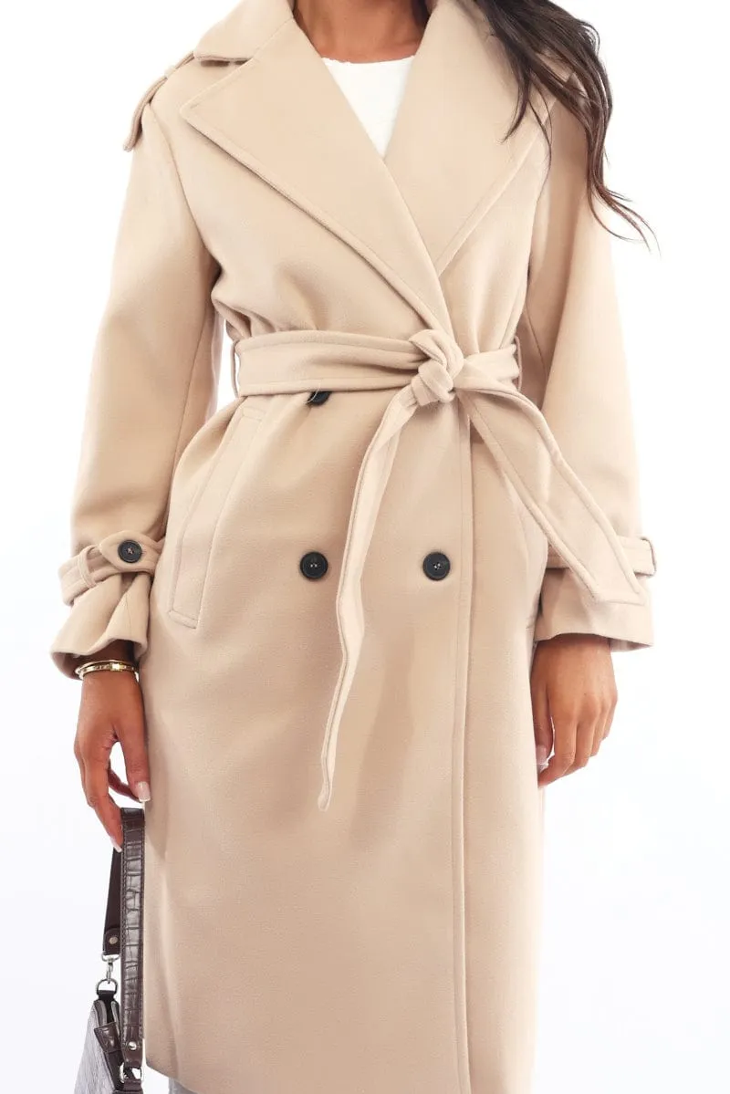 Beige Coat Long Sleeve Belted