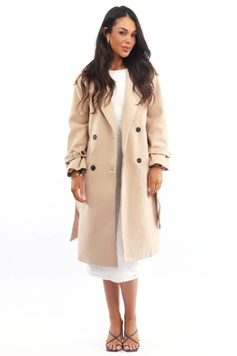 Beige Coat Long Sleeve Belted