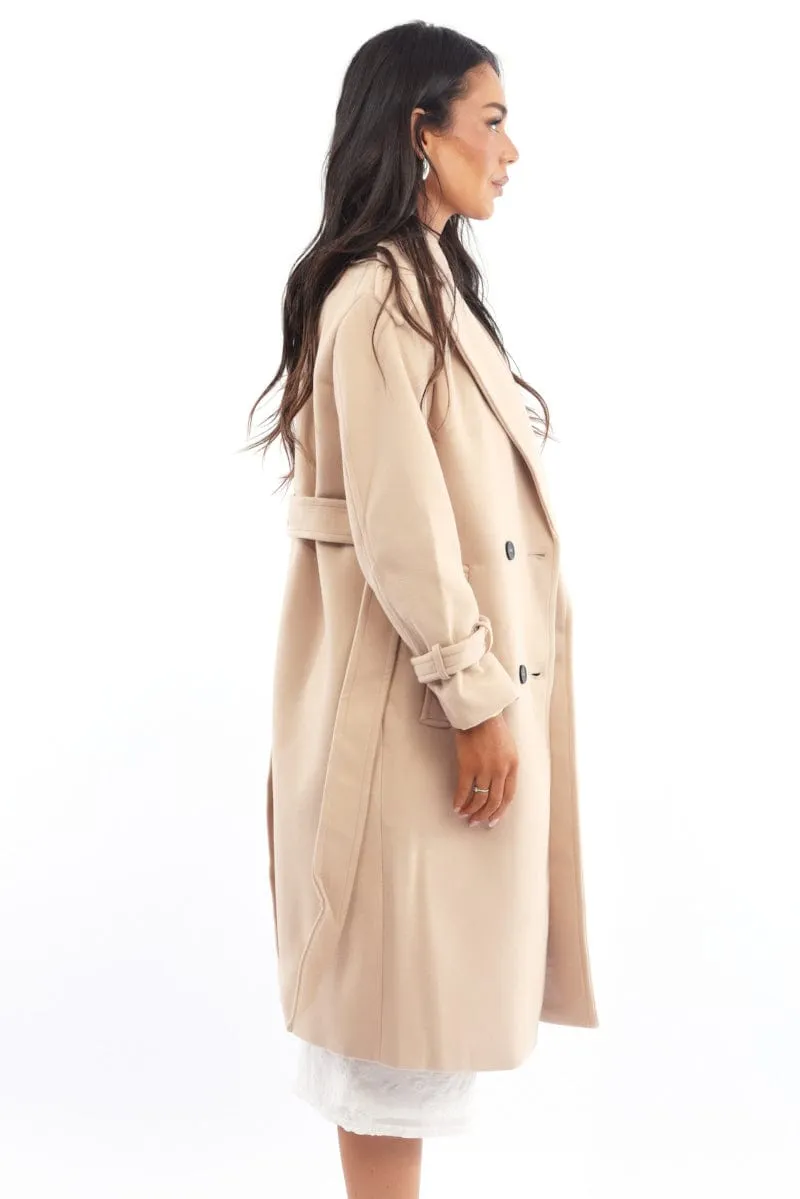 Beige Coat Long Sleeve Belted
