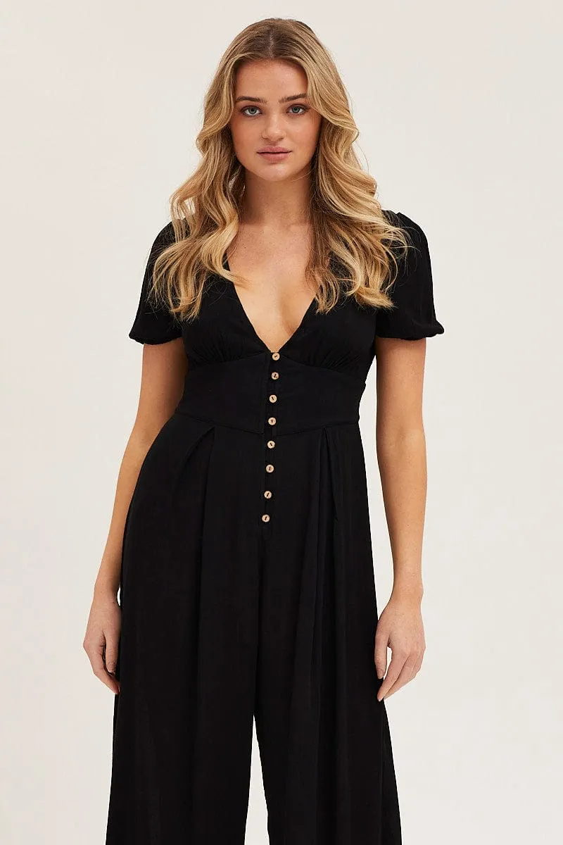 Black Jumpsuit Long Sleeve V Neck