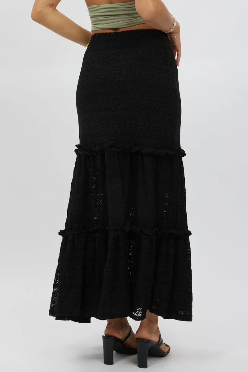 Black Lace Maxi Skirt Elastic Waist Tiered Lined