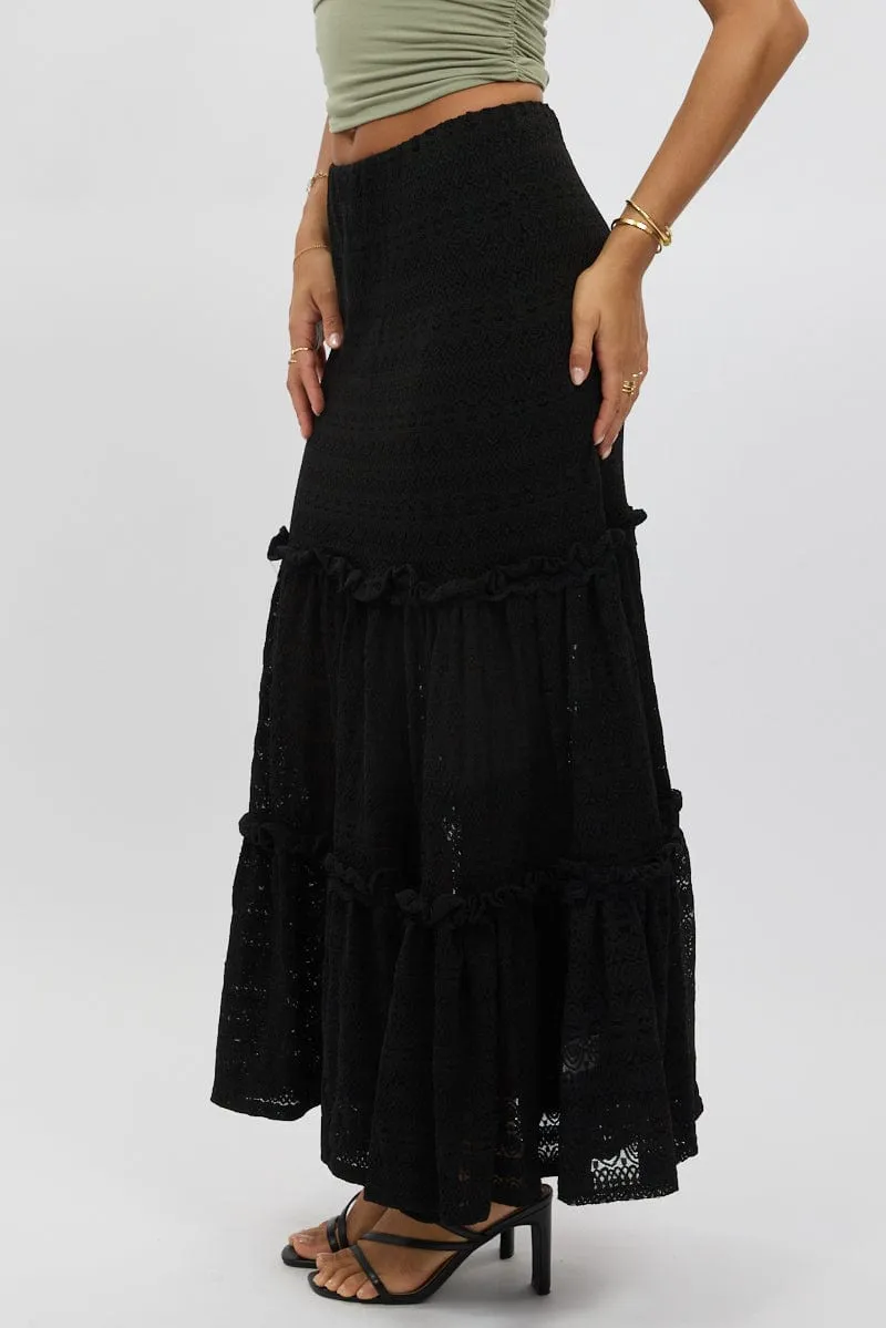 Black Lace Maxi Skirt Elastic Waist Tiered Lined