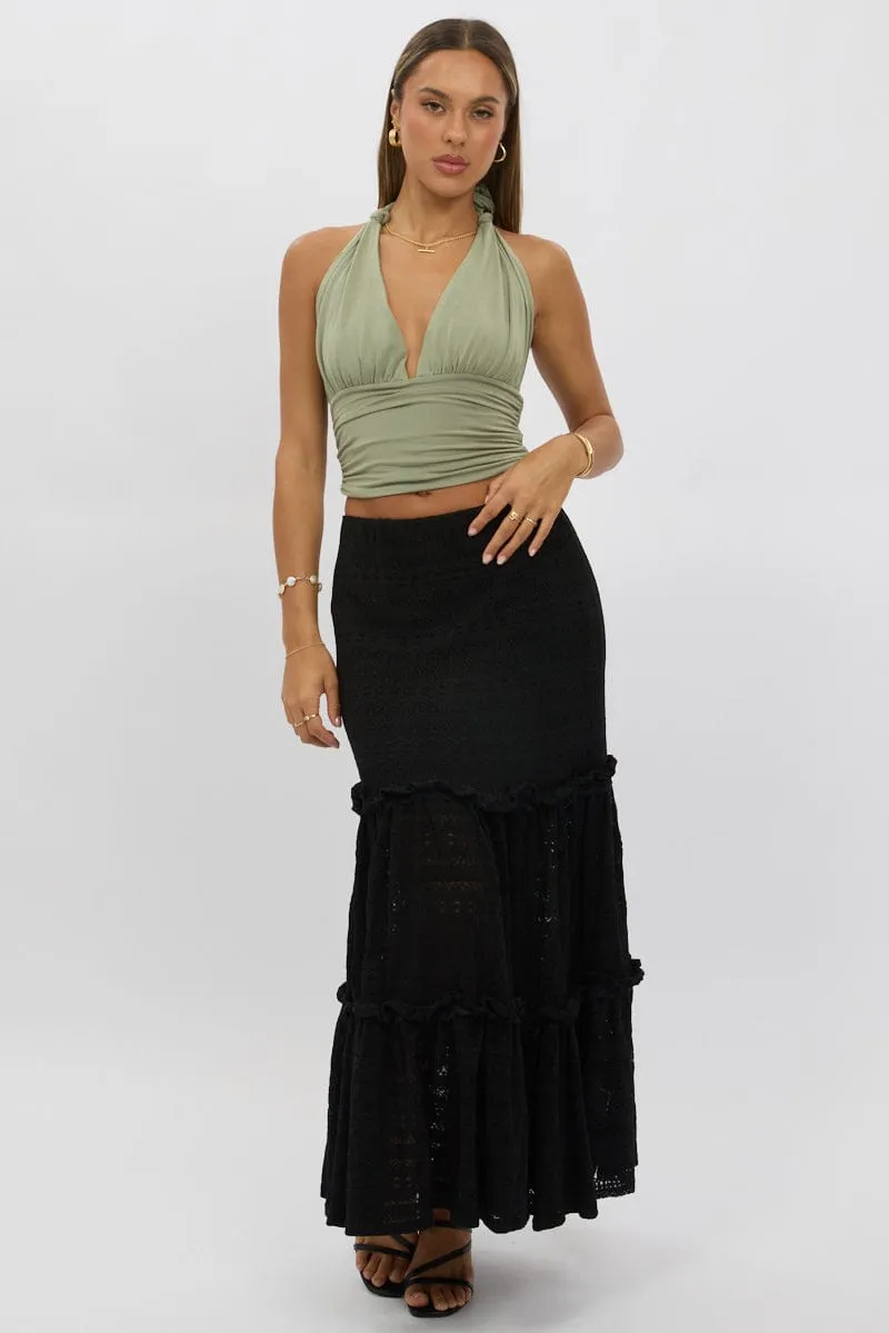 Black Lace Maxi Skirt Elastic Waist Tiered Lined