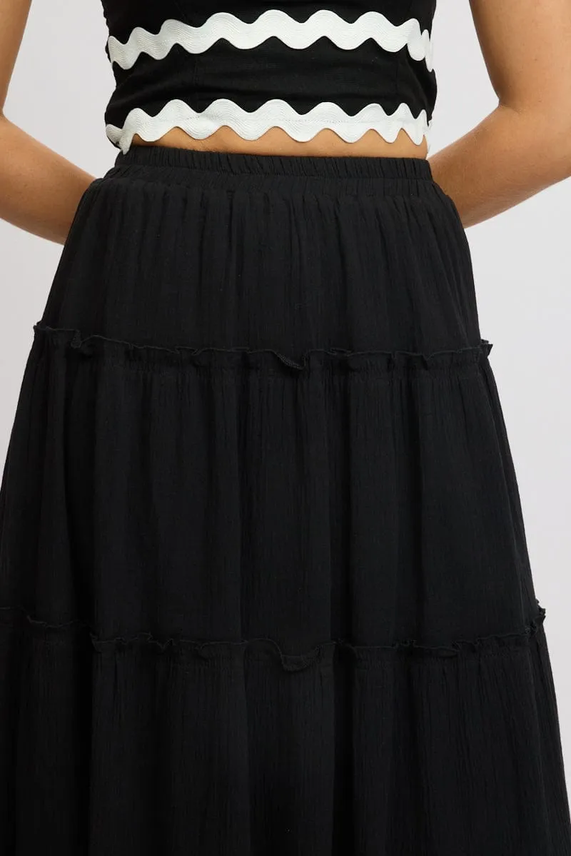 Black Midi Skirt Tiered High Rise Lined