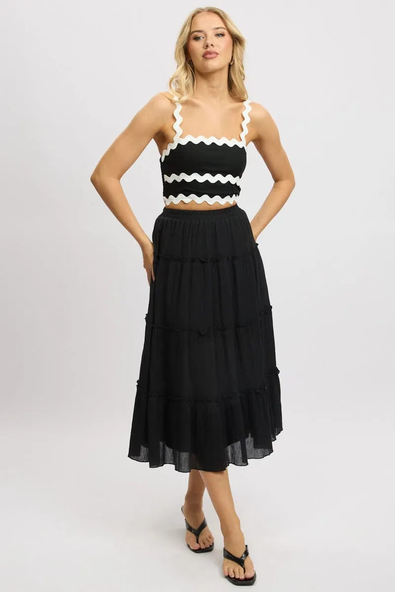 Black Midi Skirt Tiered High Rise Lined