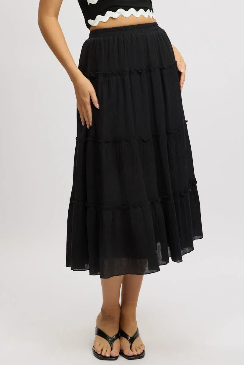 Black Midi Skirt Tiered High Rise Lined