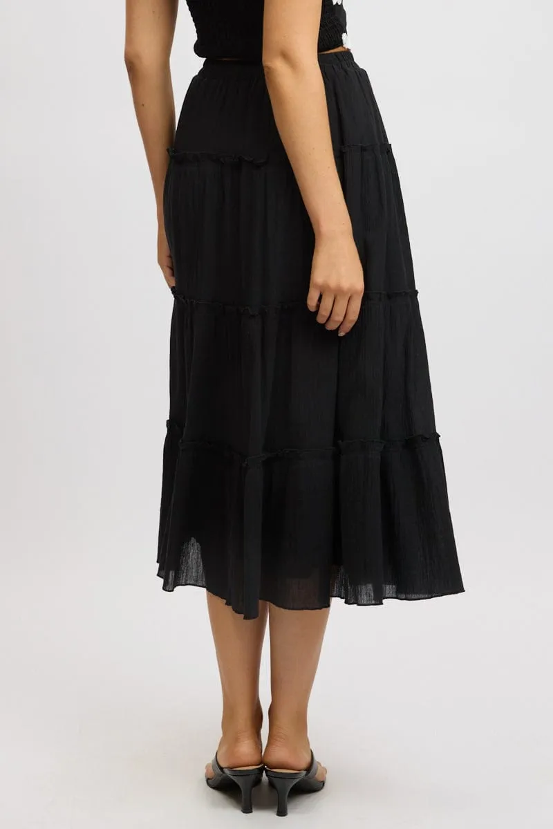 Black Midi Skirt Tiered High Rise Lined