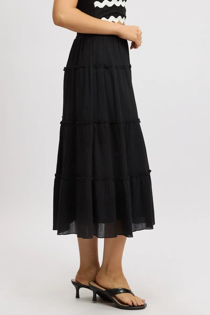 Black Midi Skirt Tiered High Rise Lined