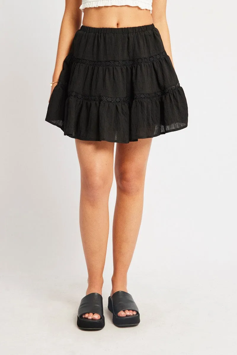 Black Skater Skirt Tiered High Rise Mini Lace Insert