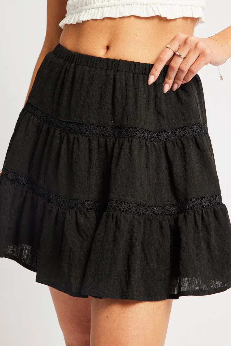 Black Skater Skirt Tiered High Rise Mini Lace Insert