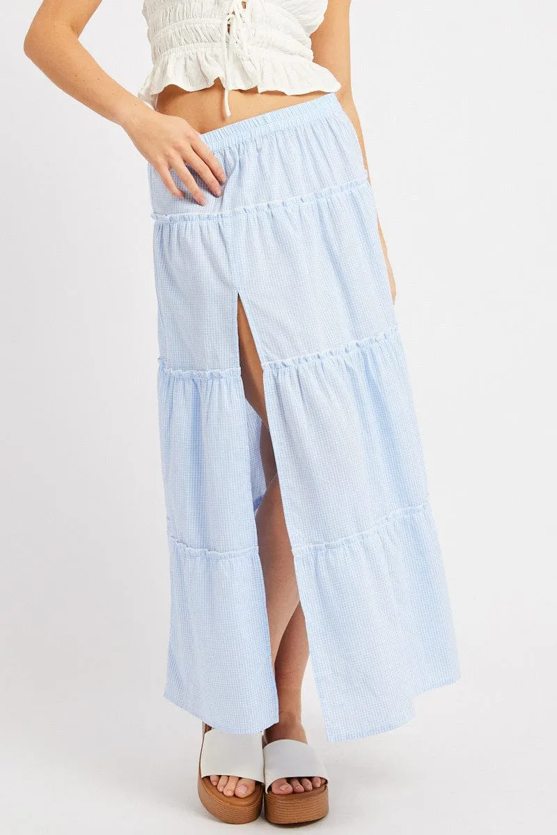 Blue Check Tiered Maxi Slit Skirt