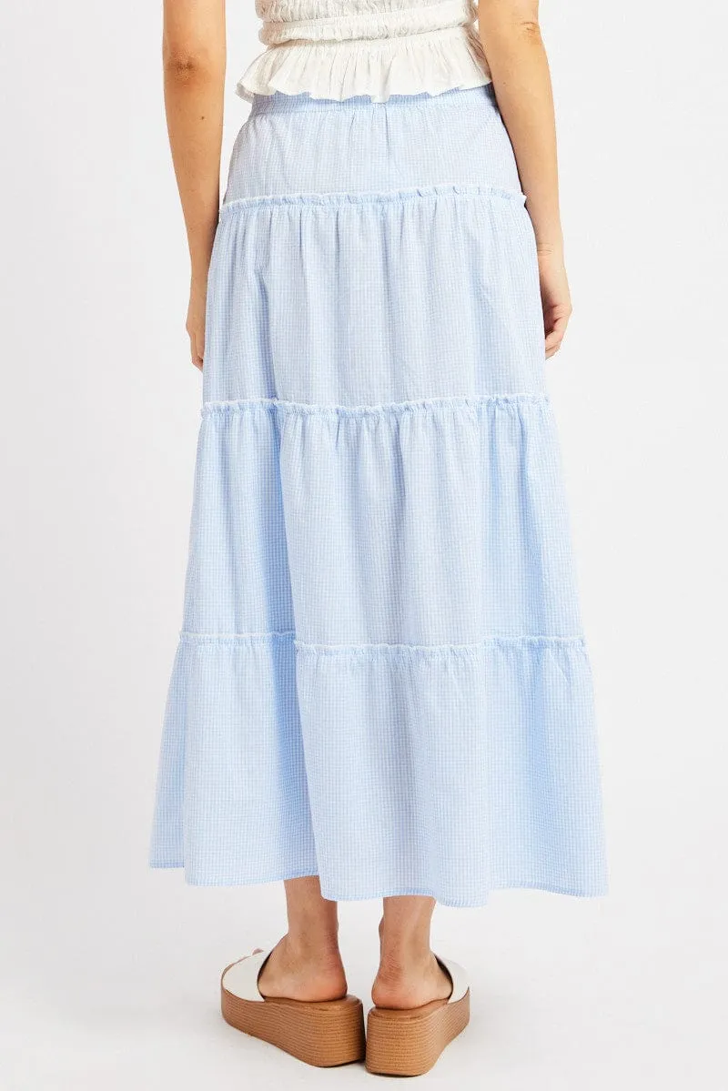 Blue Check Tiered Maxi Slit Skirt