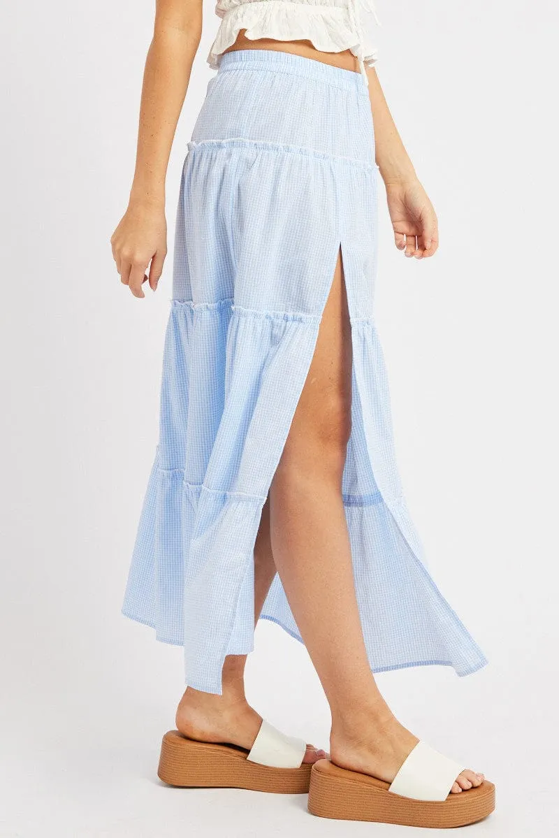 Blue Check Tiered Maxi Slit Skirt