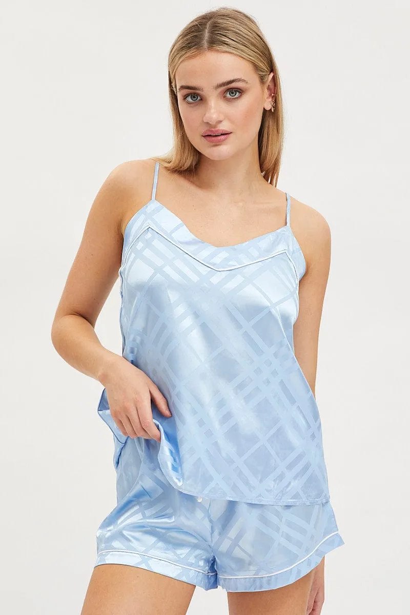 Blue Satin Pajamas Set Sleeveless