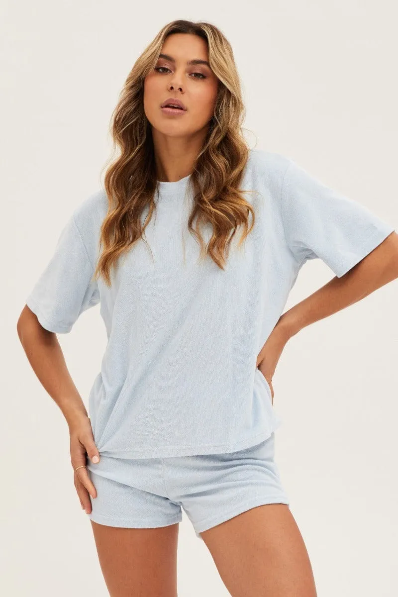 Blue Terry Short Sleeve Top & Shorts Pj Set