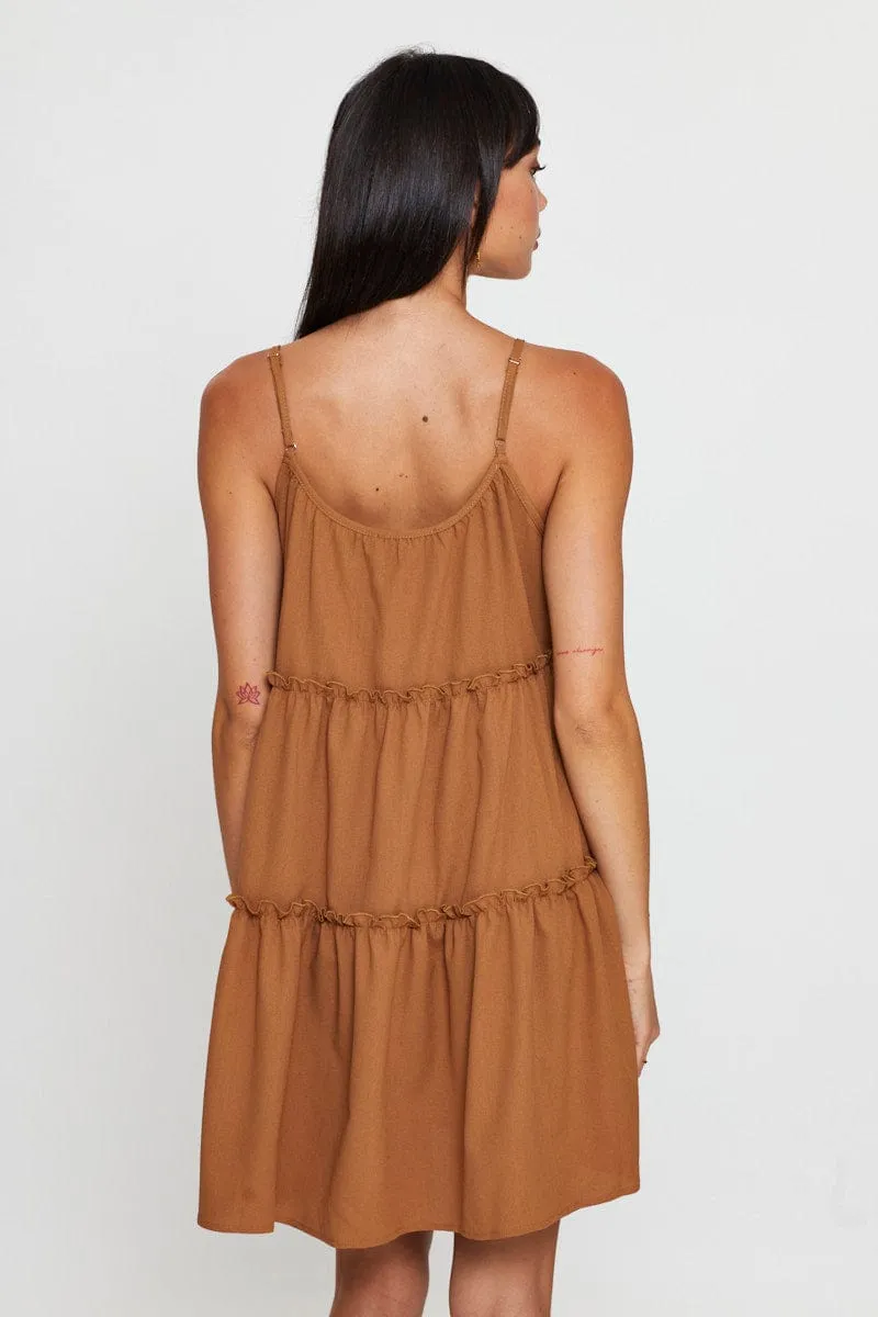 Brown Fit And Flare Dress Sleeveless Tie Shoulder