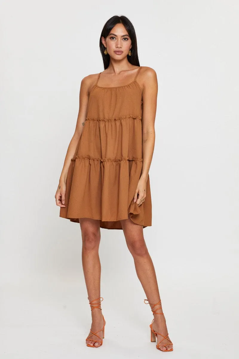Brown Fit And Flare Dress Sleeveless Tie Shoulder