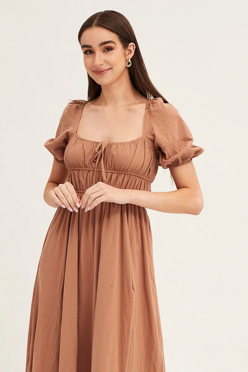 Brown Short Sleeve Ruched Midi Dress