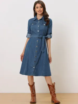Denim Button Down Long Sleeve Belted Classic Jean Shirt Dress