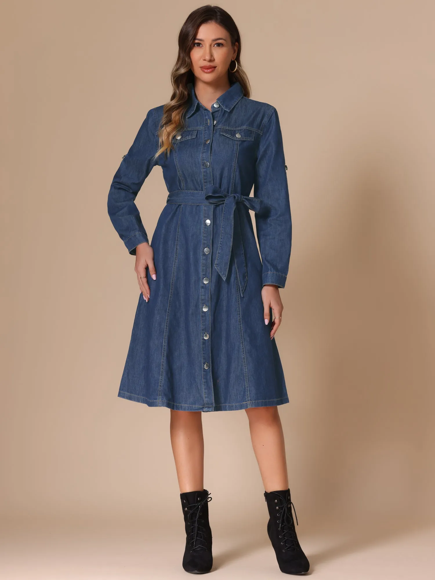 Denim Button Down Long Sleeve Belted Classic Jean Shirt Dress