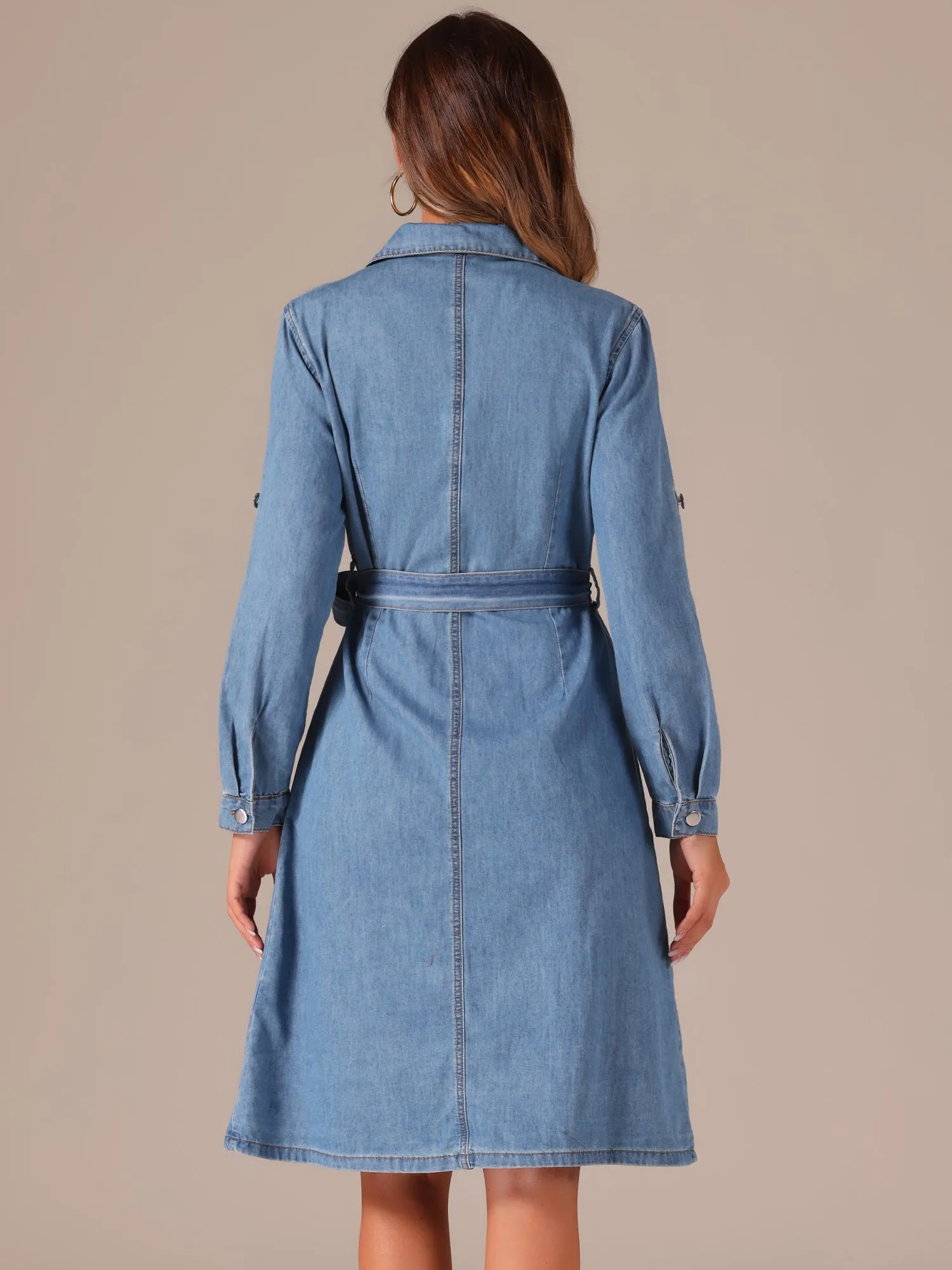 Denim Button Down Long Sleeve Belted Classic Jean Shirt Dress