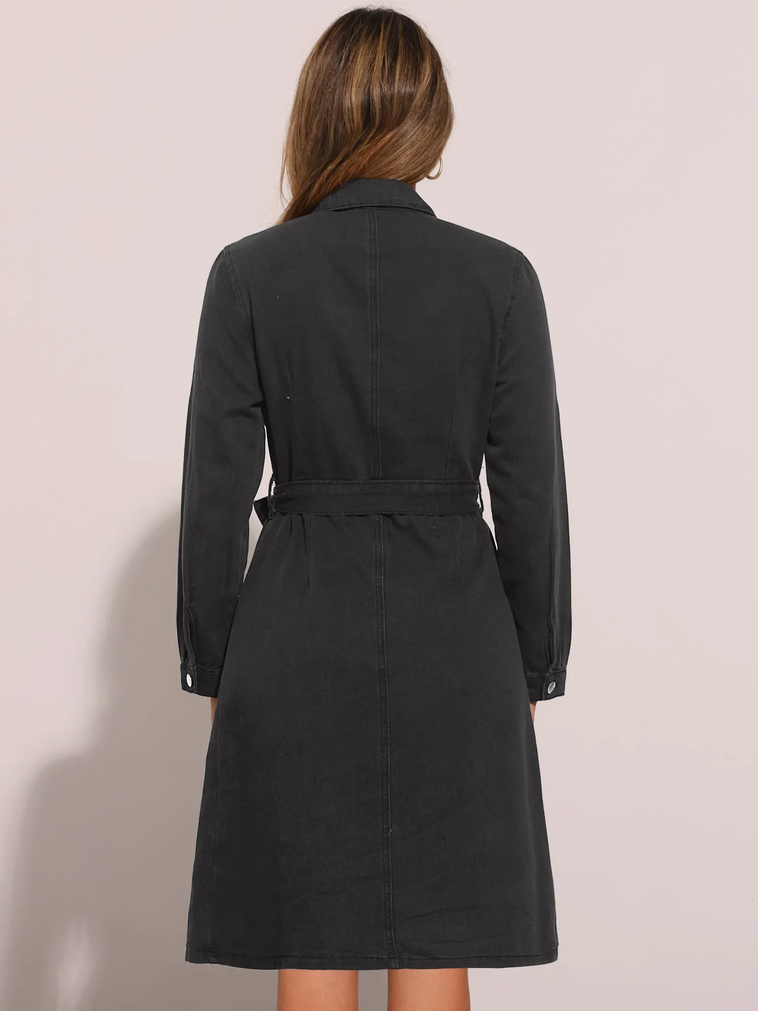 Denim Button Down Long Sleeve Belted Classic Jean Shirt Dress