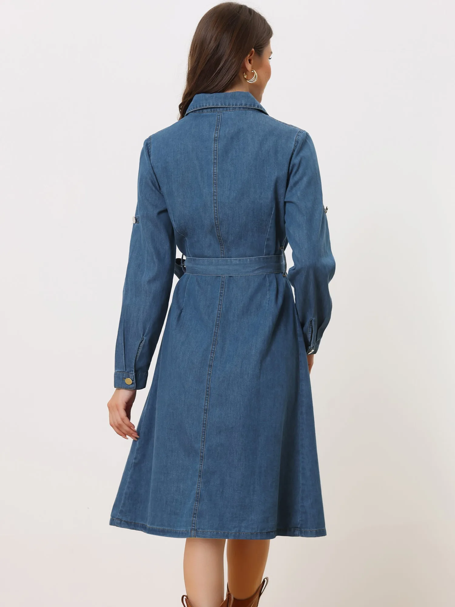 Denim Button Down Long Sleeve Belted Classic Jean Shirt Dress