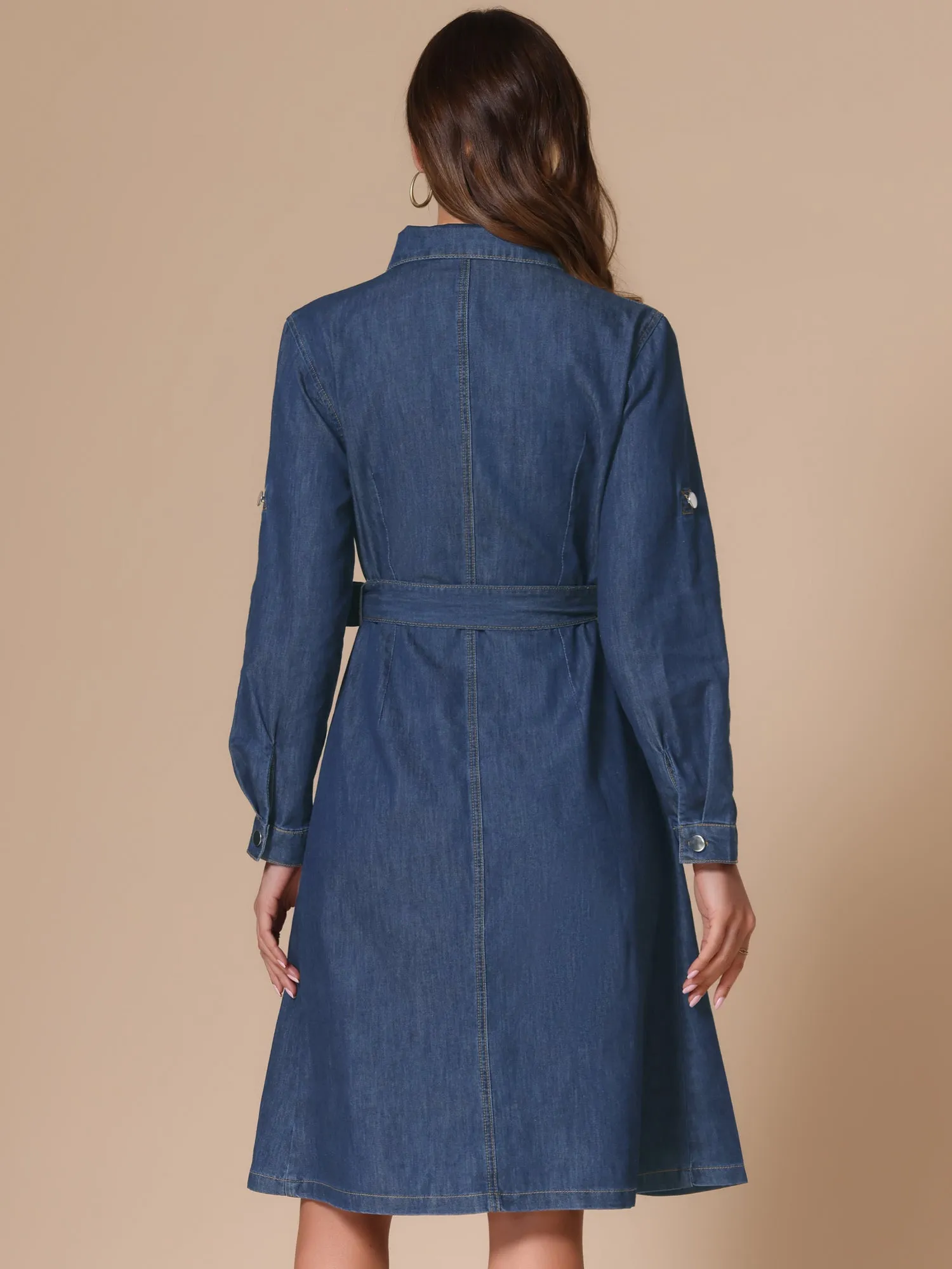 Denim Button Down Long Sleeve Belted Classic Jean Shirt Dress