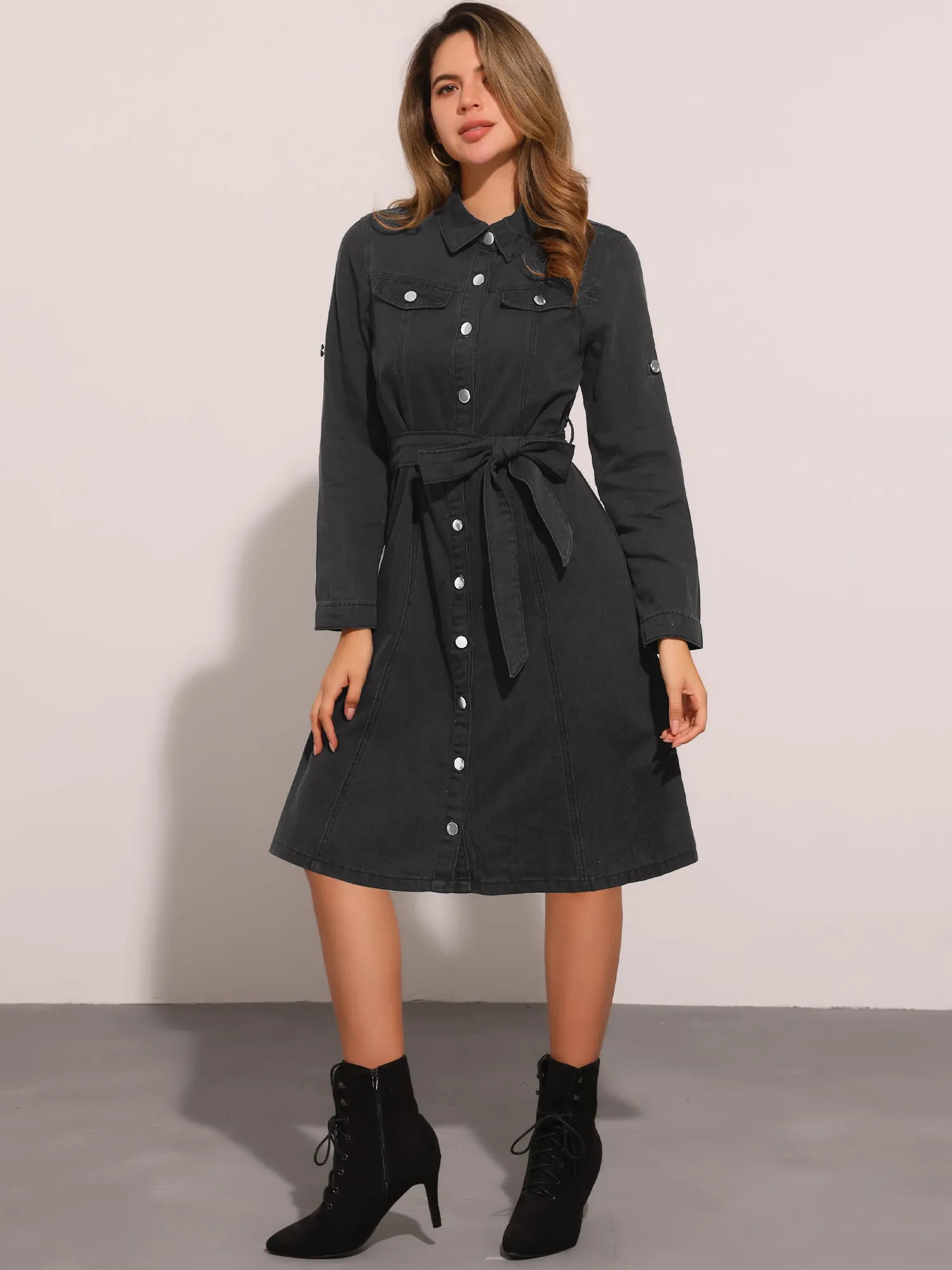 Denim Button Down Long Sleeve Belted Classic Jean Shirt Dress