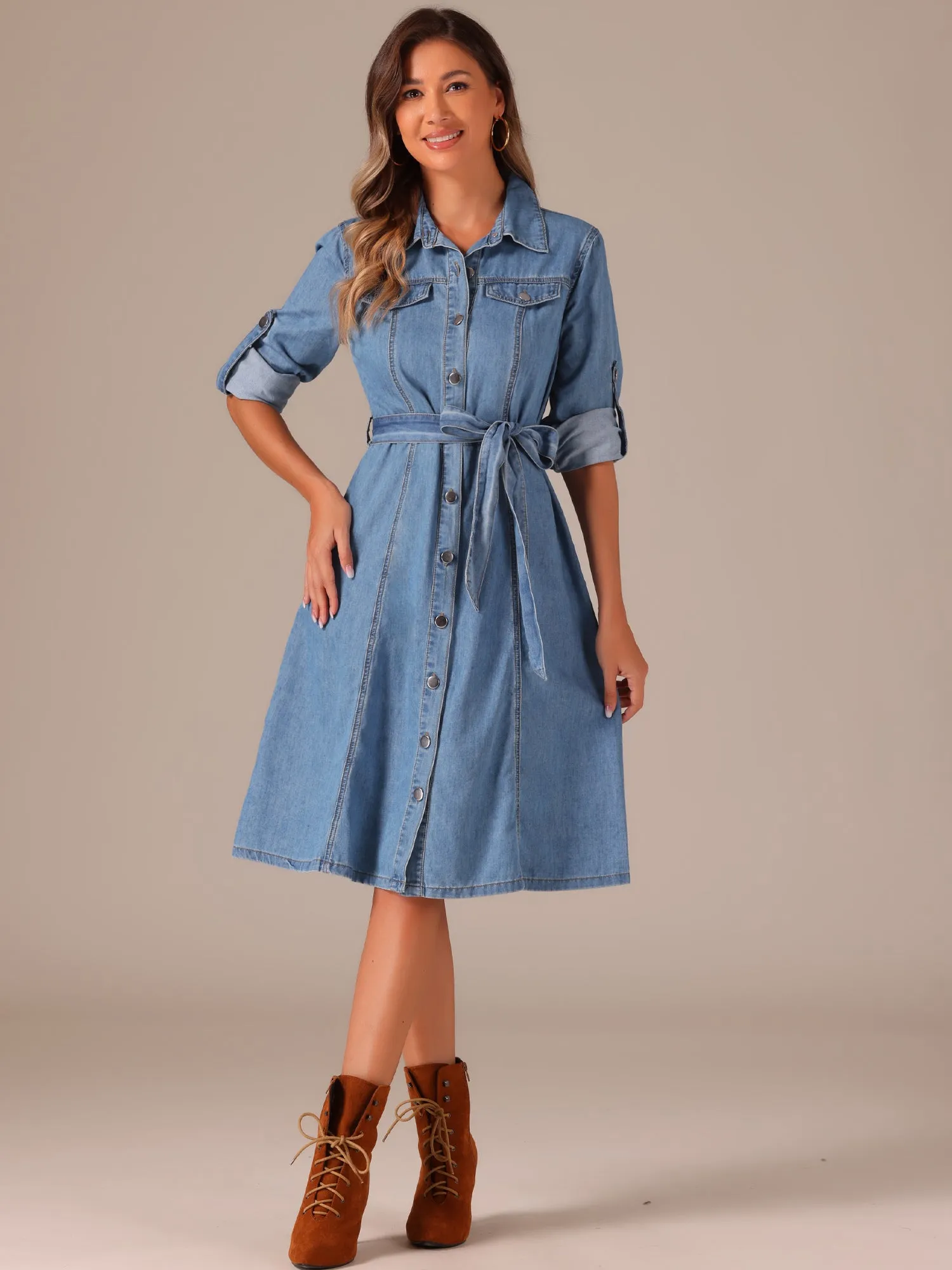 Denim Button Down Long Sleeve Belted Classic Jean Shirt Dress