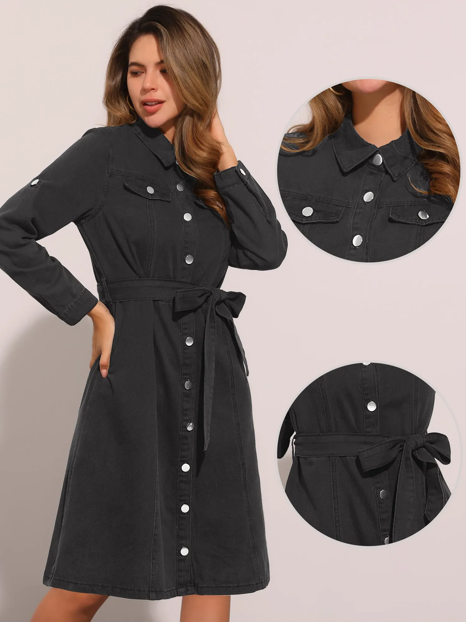 Denim Button Down Long Sleeve Belted Classic Jean Shirt Dress