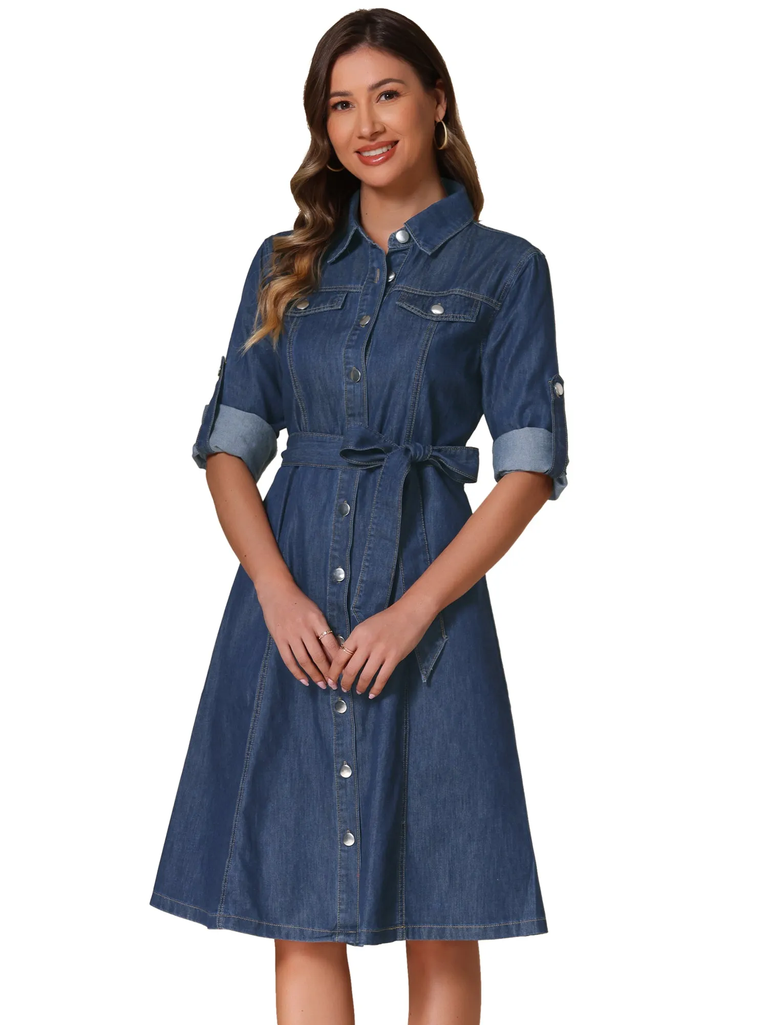 Denim Button Down Long Sleeve Belted Classic Jean Shirt Dress