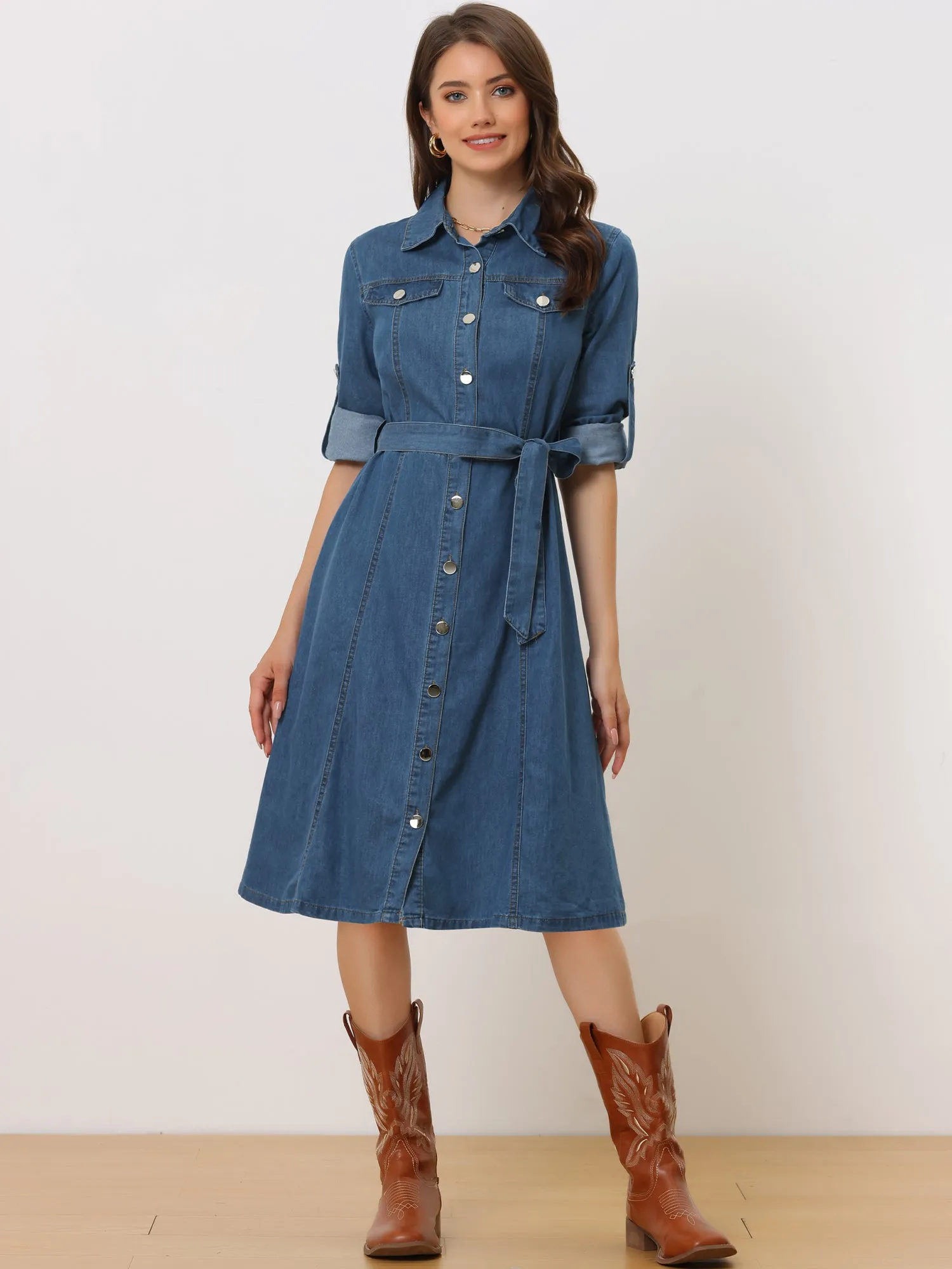 Denim Button Down Long Sleeve Belted Classic Jean Shirt Dress