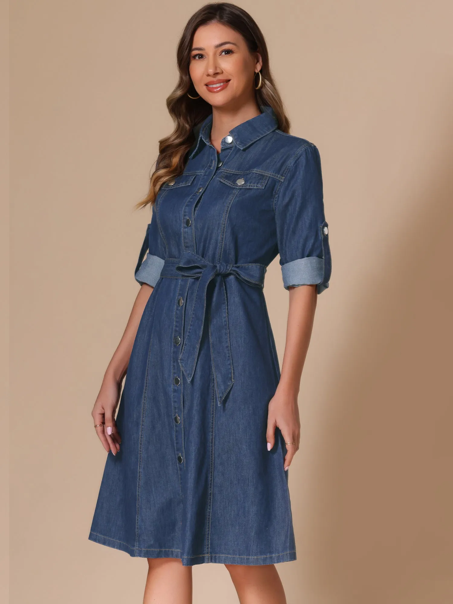 Denim Button Down Long Sleeve Belted Classic Jean Shirt Dress