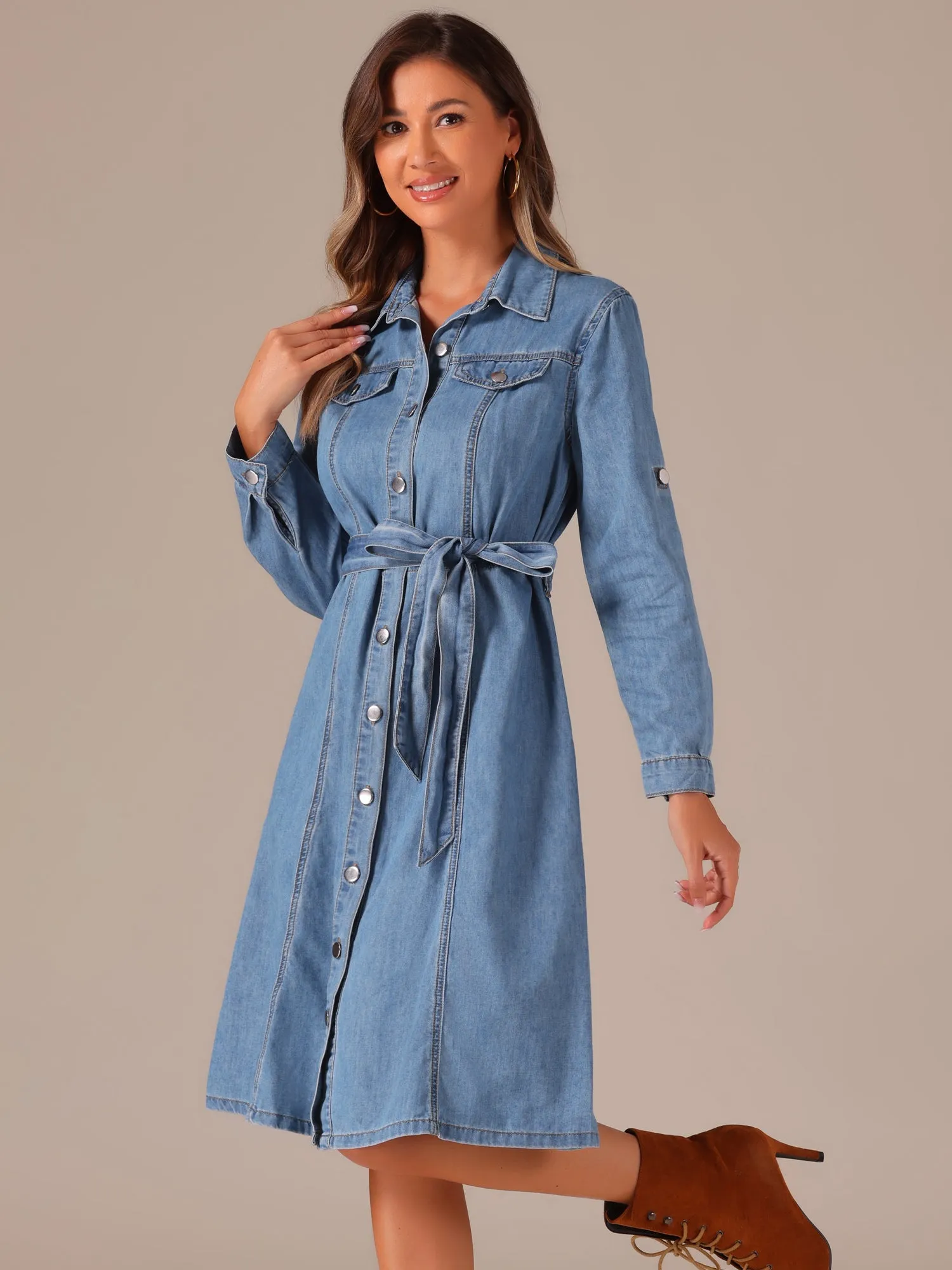Denim Button Down Long Sleeve Belted Classic Jean Shirt Dress
