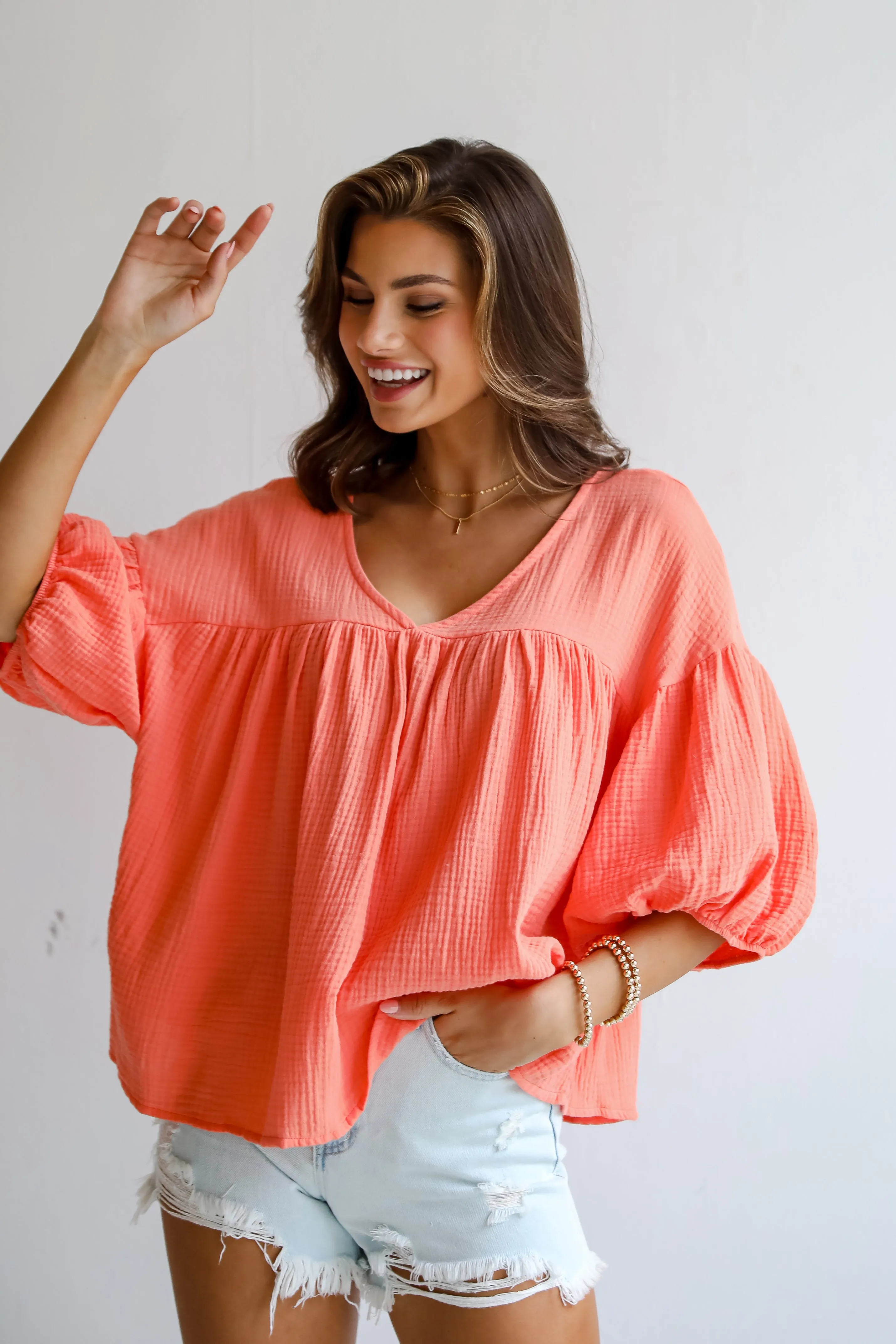 FINAL SALE - Cute Always Coral Linen Babydoll Blouse