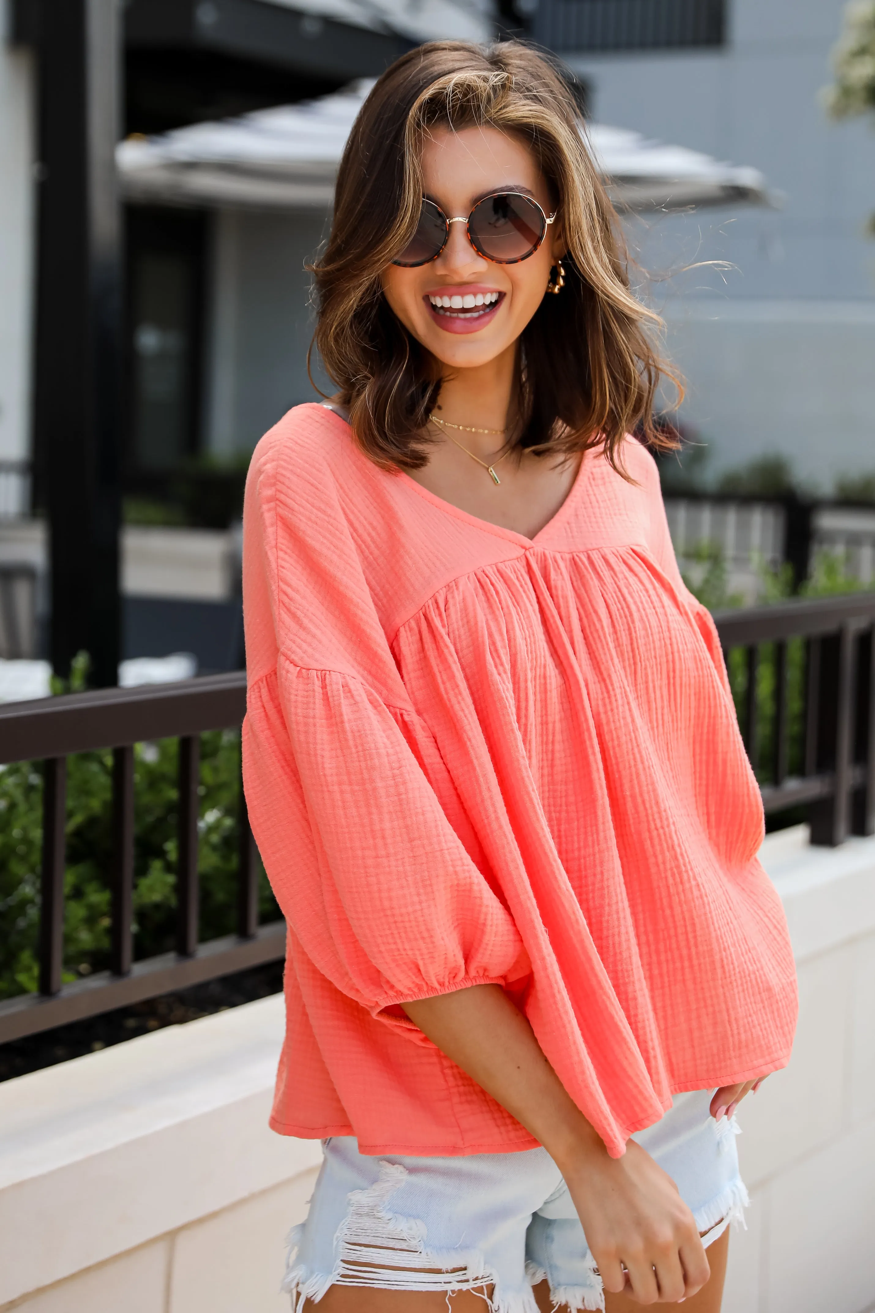 FINAL SALE - Cute Always Coral Linen Babydoll Blouse