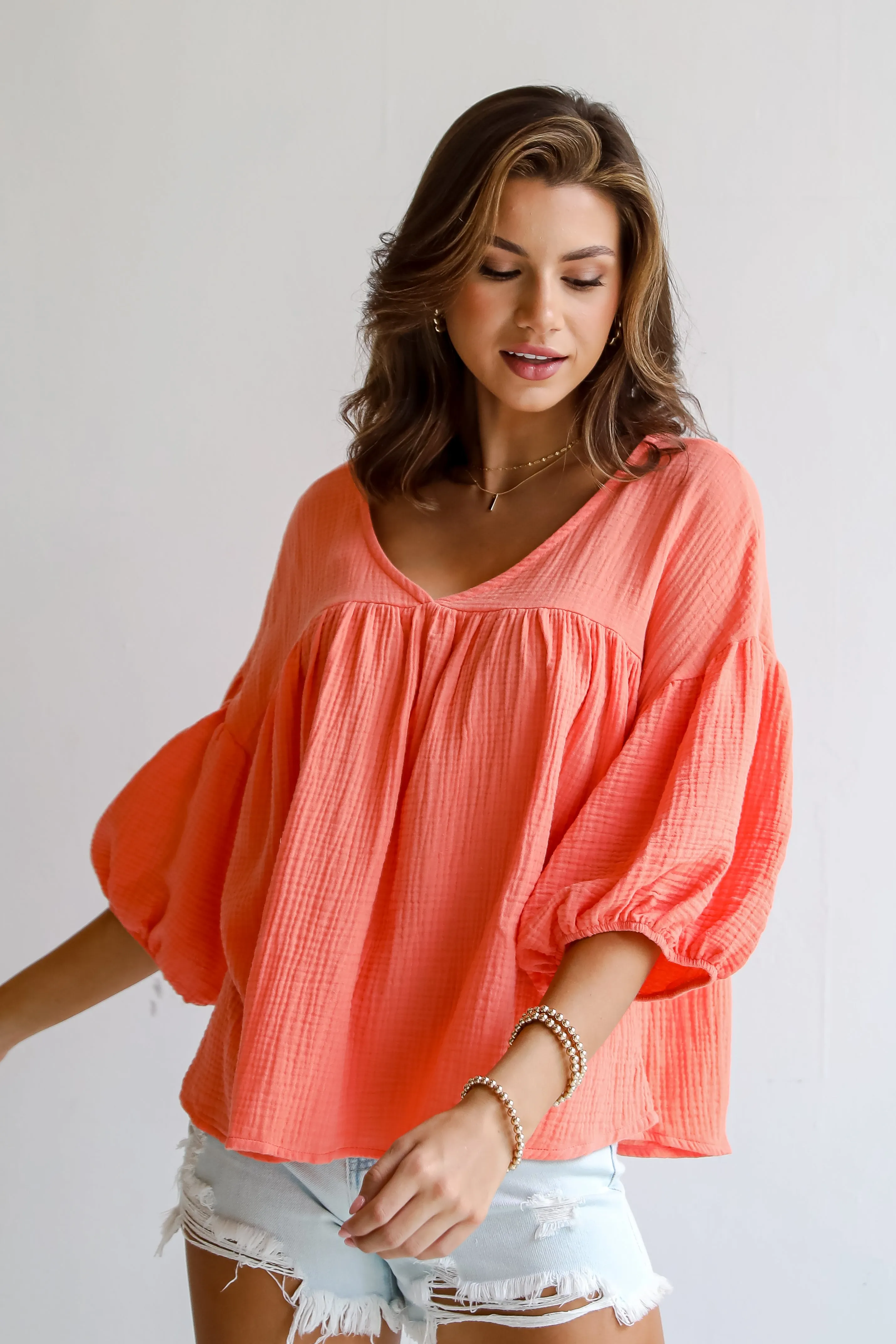 FINAL SALE - Cute Always Coral Linen Babydoll Blouse