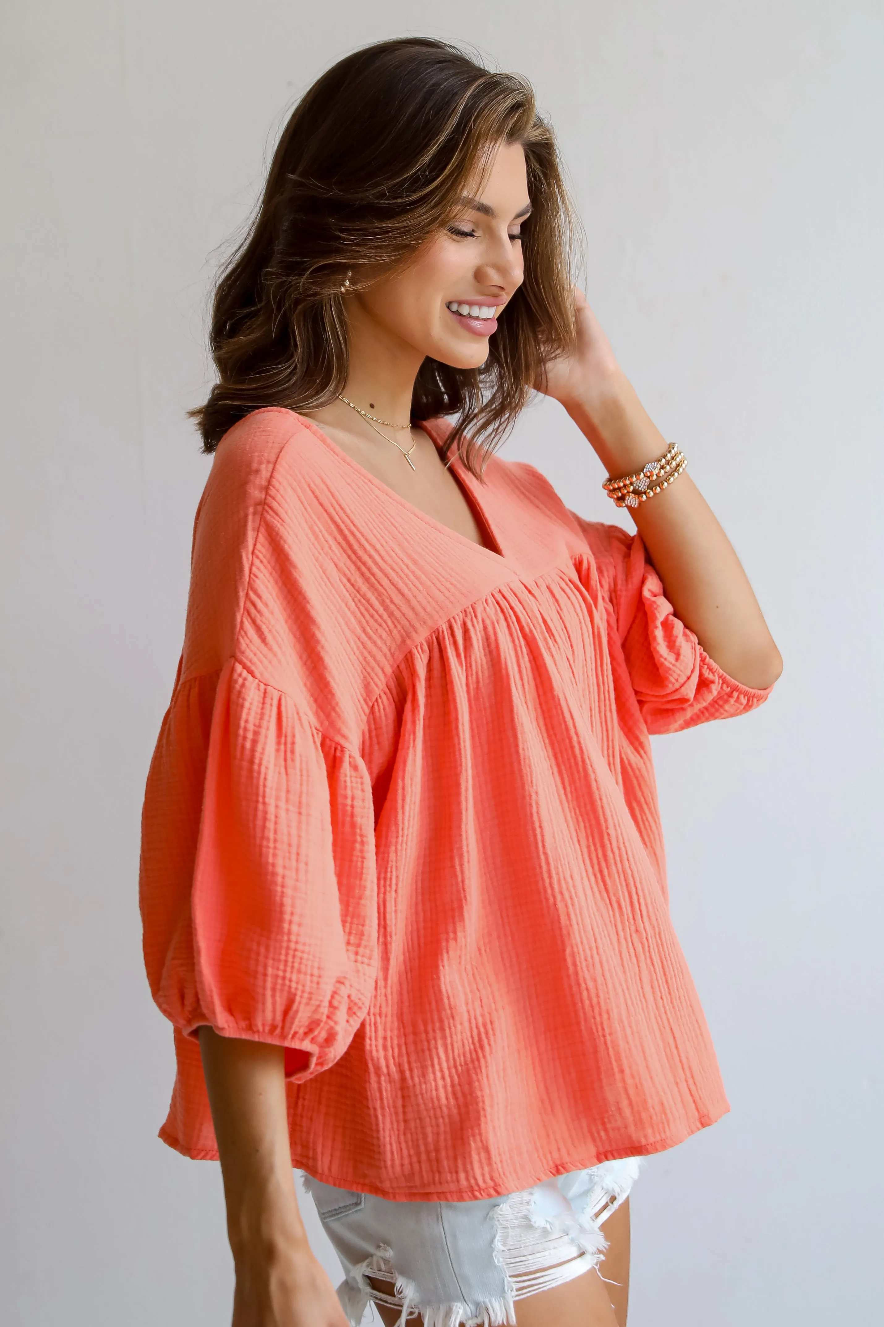 FINAL SALE - Cute Always Coral Linen Babydoll Blouse