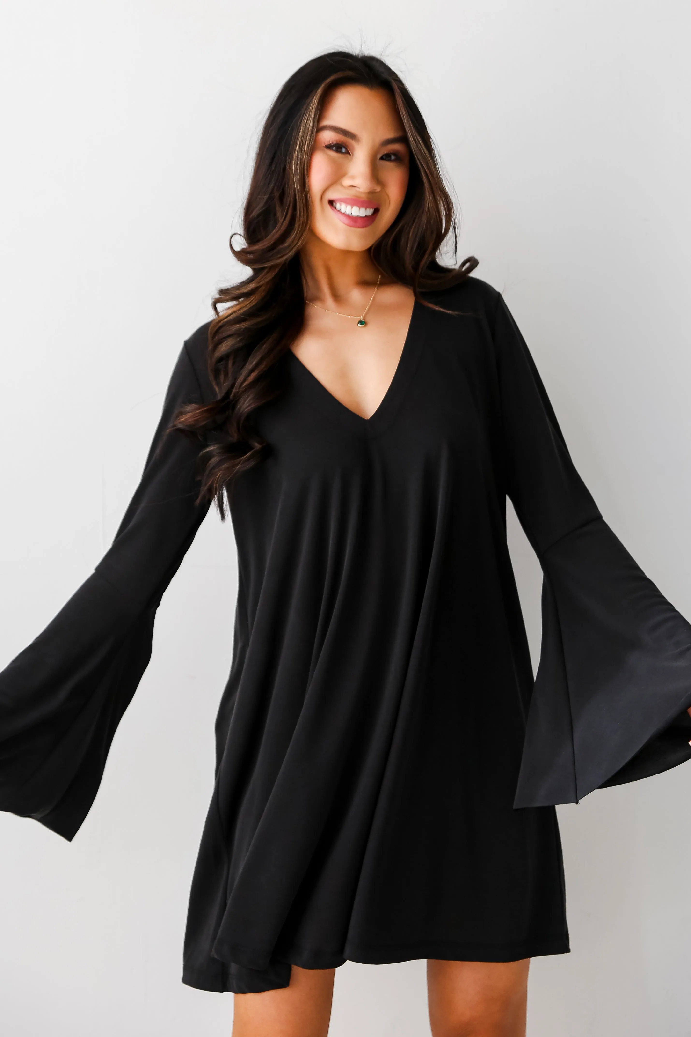 FINAL SALE - Flirty Delight Black Bell Sleeve Mini Dress