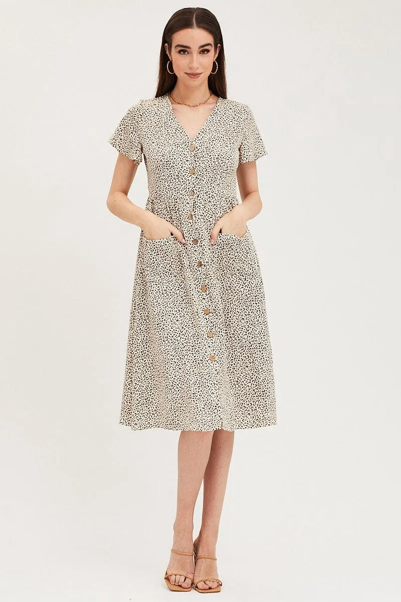 Geo Print Pocket Front Button Midi Dress