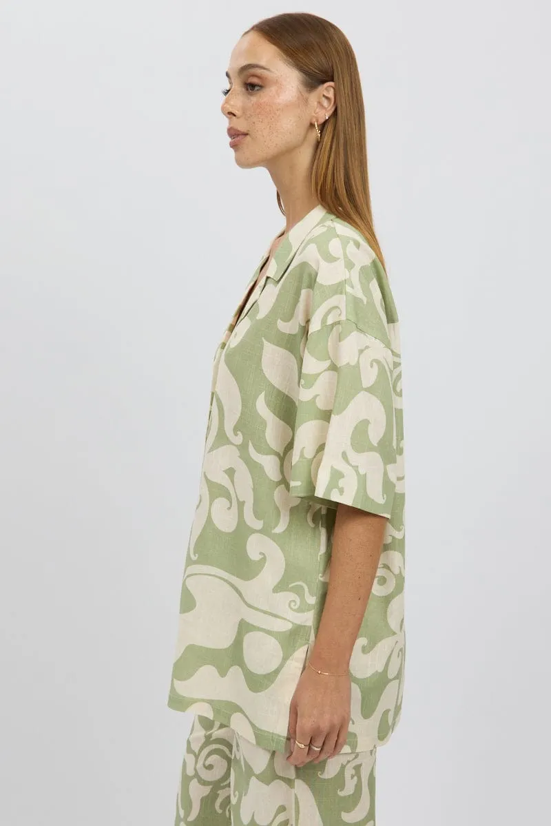 Green Abstract Relaxed Shirt Short Sleeve Linen Blend