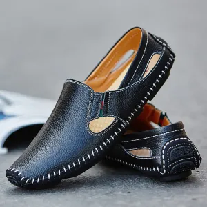 Loafers Mens Leather Handmade Hole Casual Shoes Black Loafers