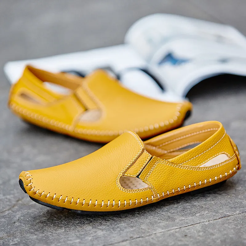 Loafers Mens Leather Handmade Hole Casual Shoes Black Loafers