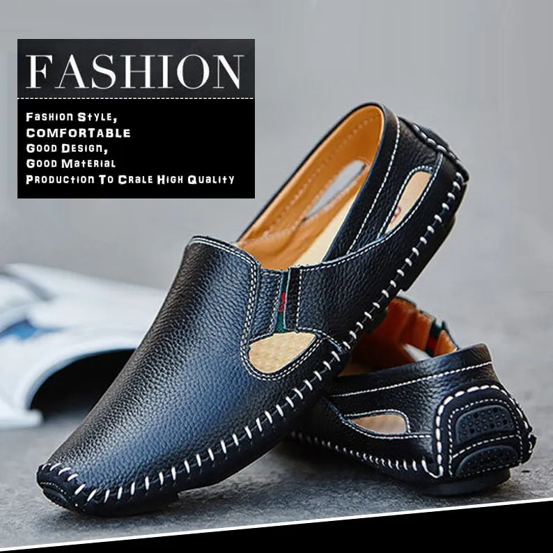 Loafers Mens Leather Handmade Hole Casual Shoes Black Loafers