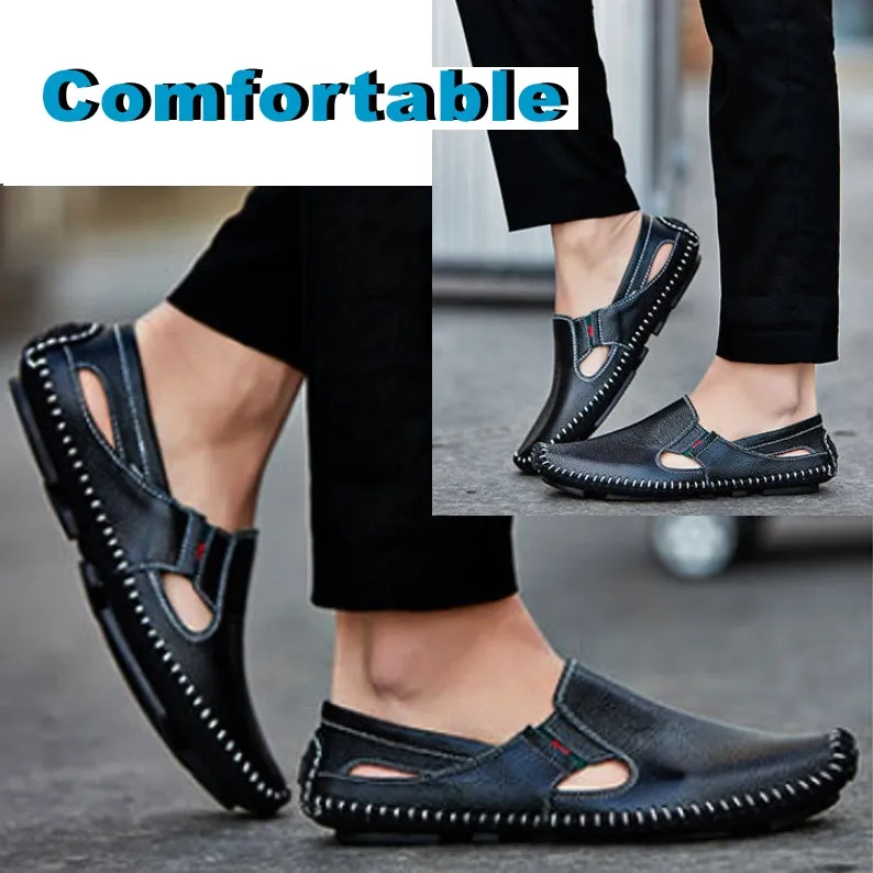 Loafers Mens Leather Handmade Hole Casual Shoes Black Loafers
