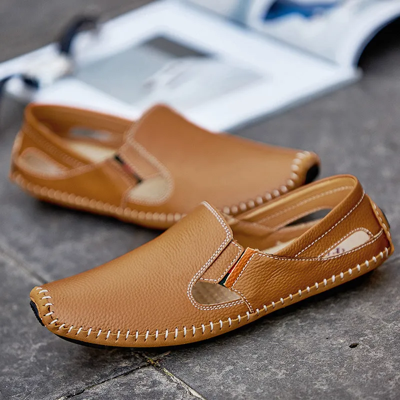 Loafers Mens Leather Handmade Hole Casual Shoes Black Loafers