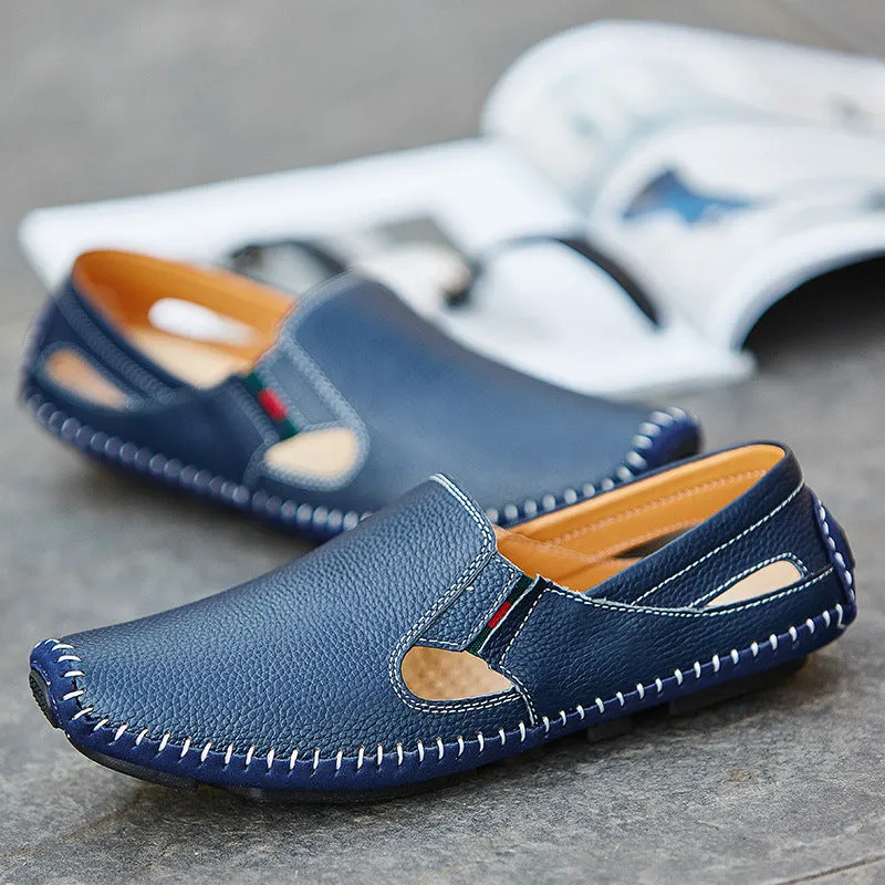 Loafers Mens Leather Handmade Hole Casual Shoes Black Loafers