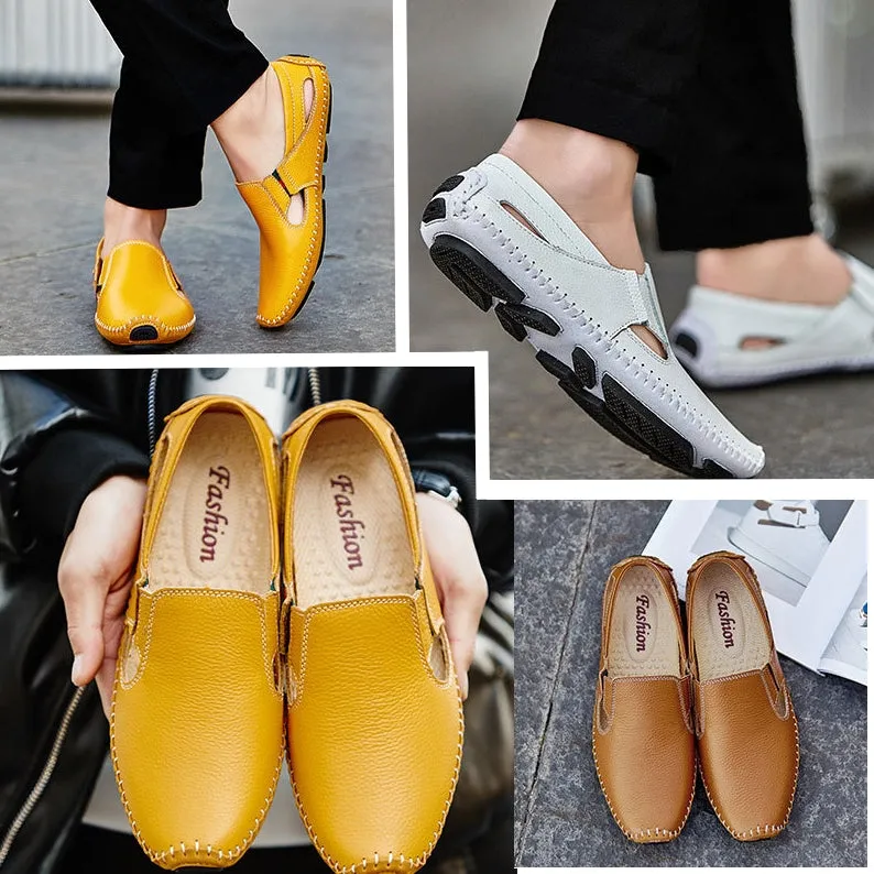 Loafers Mens Leather Handmade Hole Casual Shoes Black Loafers